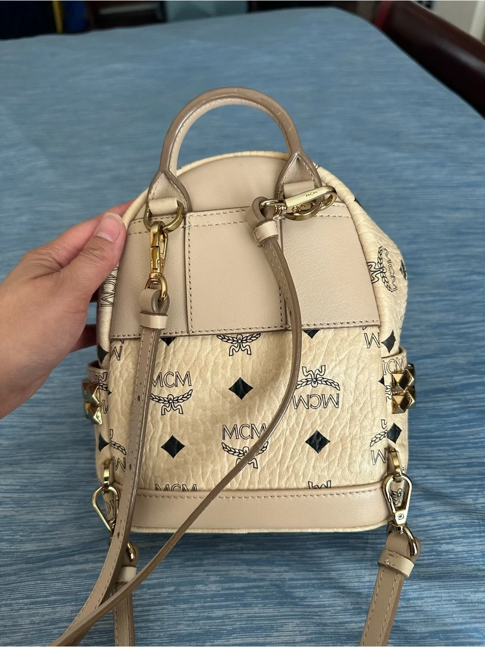 MCM Beige Visetos Mini Backpack with Gold Stud Accents